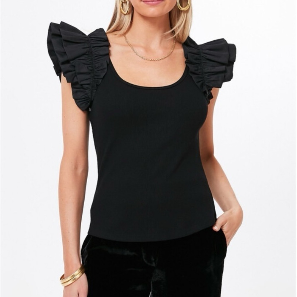 Tuckernuck Pomander Place Ruffle Rita Top Black Flutter Sleeve Scoop Neck Sz S